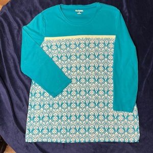 Kim Rogers, cotton, long sleeve, aqua and print top in longer length
